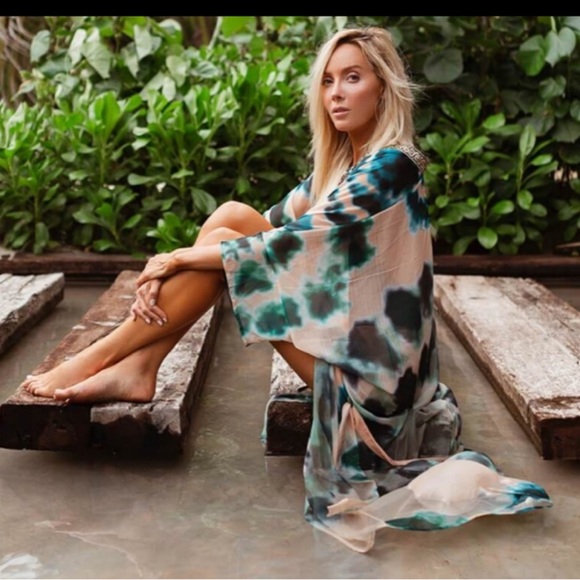 Suki So Goddess Tie Dye Kimono Duster Cover Up with Gold Trim - Picture 1 of 11